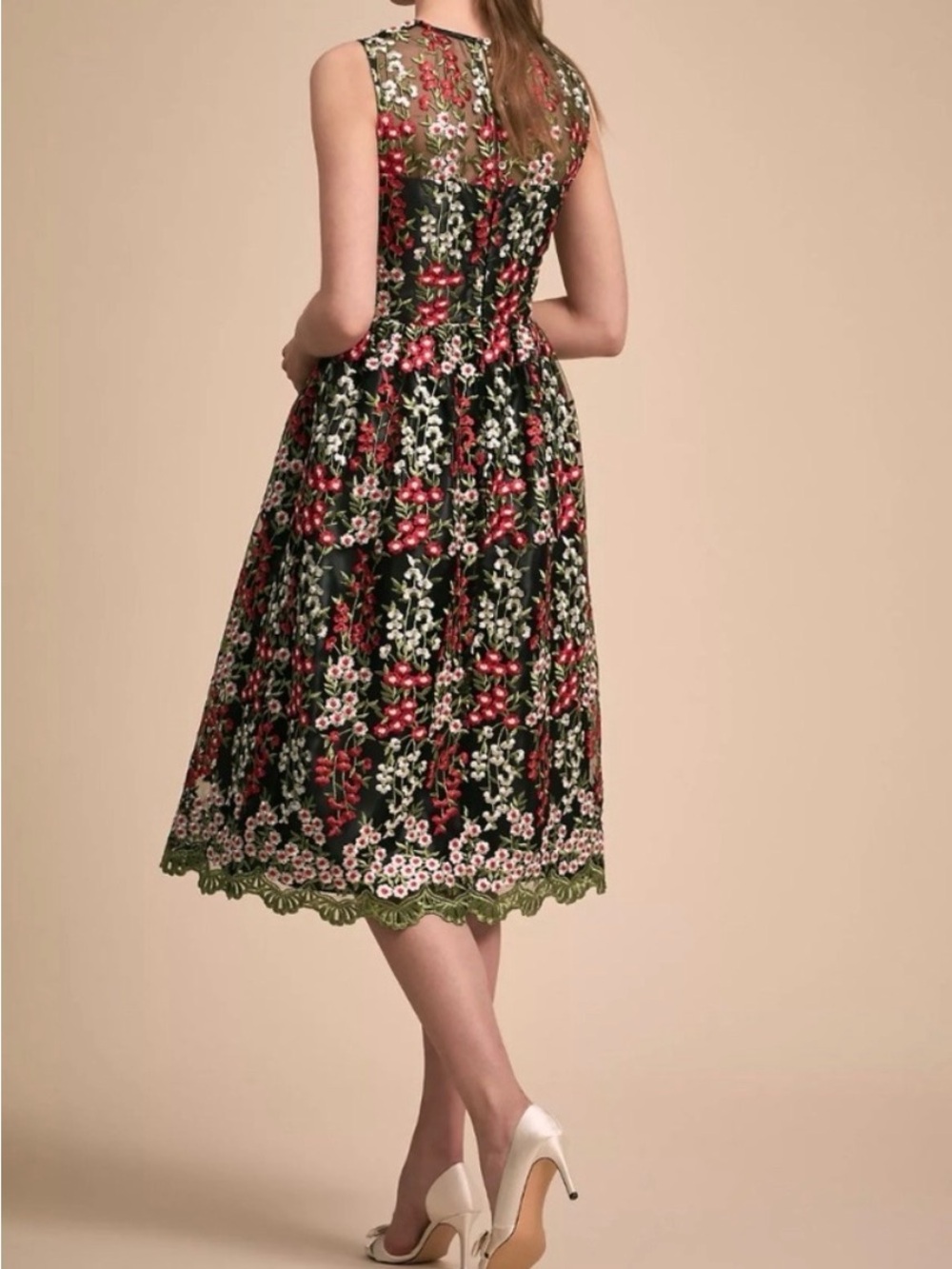 BHLDN Black Midi Dress with Red, White & Green Floral Embroidery and Green Trim - Picture 2 of 15